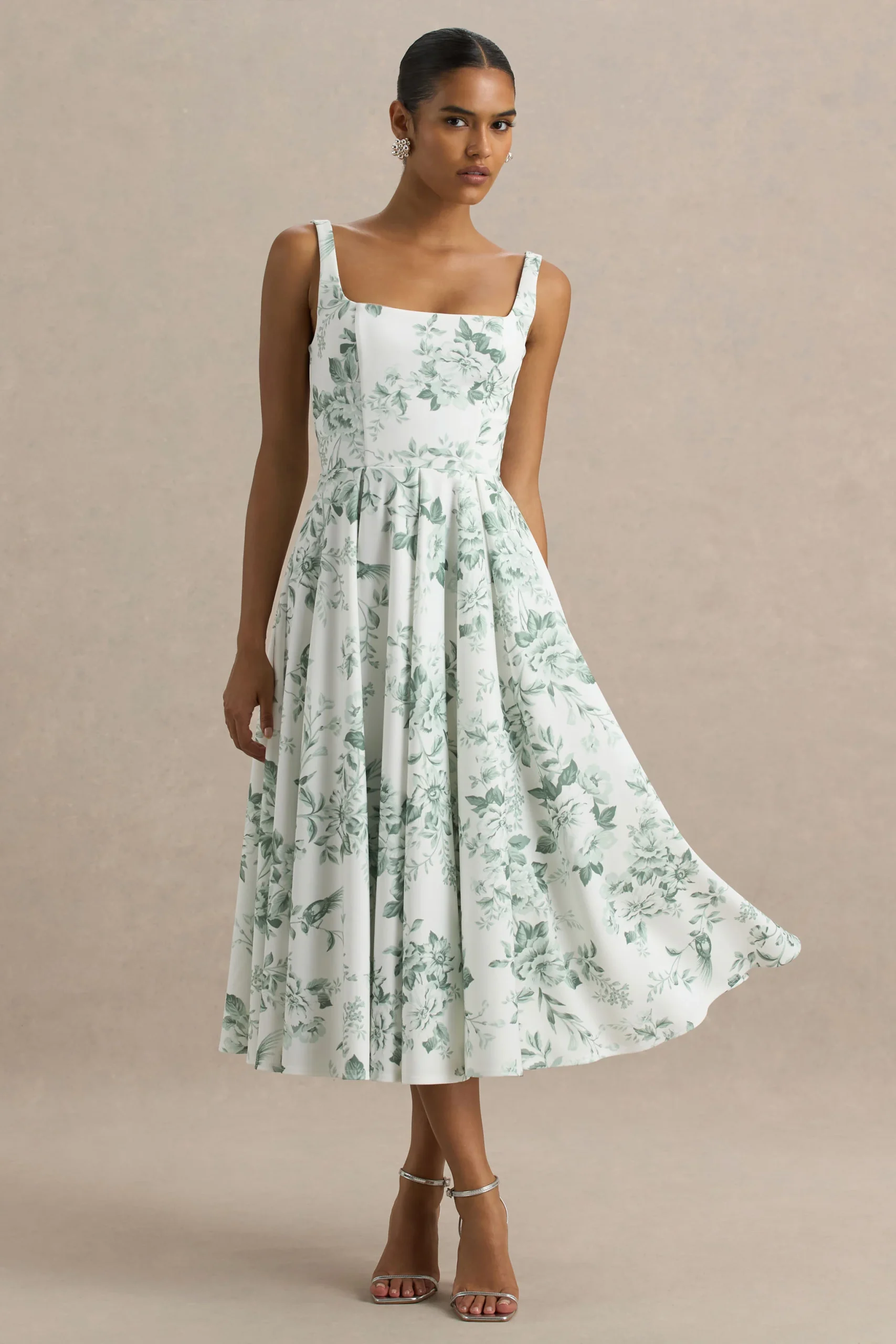 Lissa | Vestido Midi con Escote Cuadrado y Estampado Verde floral