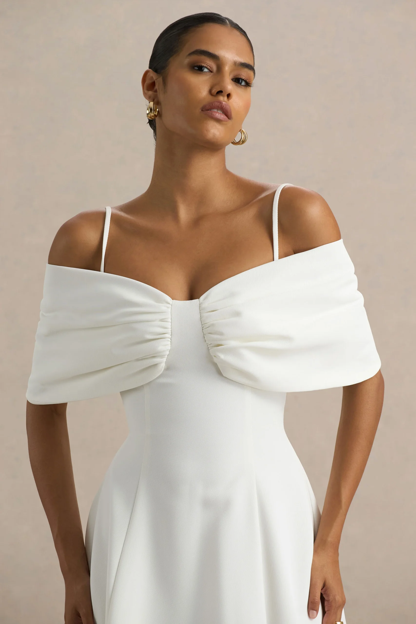Hettie | Vestido Midi Blanco de Manga Corta con Escote Bardot y Lazo Decorativo - Imagen 6